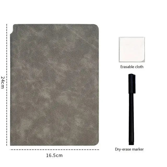A5 reusable whiteboard notebook with grey cover, includes dry-erase marker and erasing cloth
