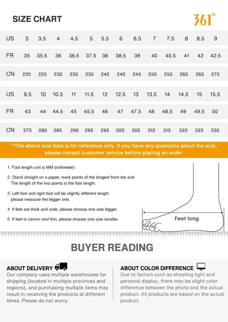 361° Flame 4.0 MIX men's running shoes size chart with US/FR/CN conversions