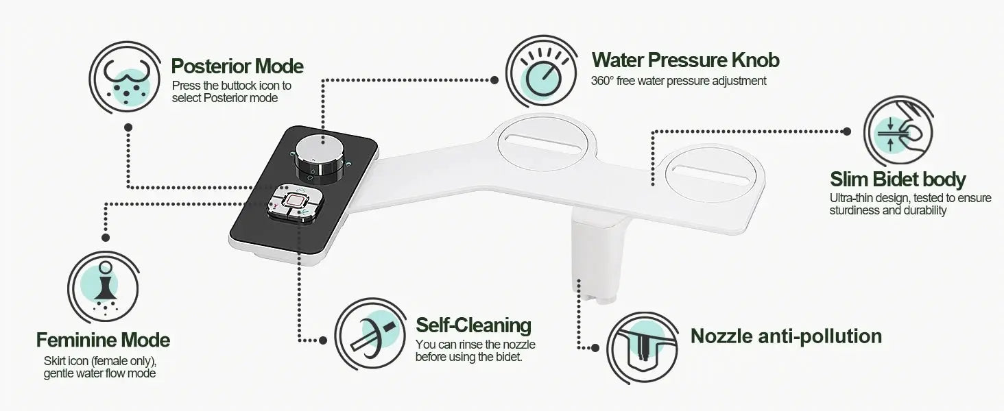 SAMODRA bidet attachment by Simples Market; white, non-electric cold-water toilet seat with pressure controls.