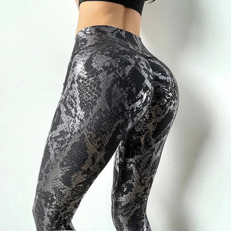 Snake print yoga pants with high waist, gray and black snakeskin leggings