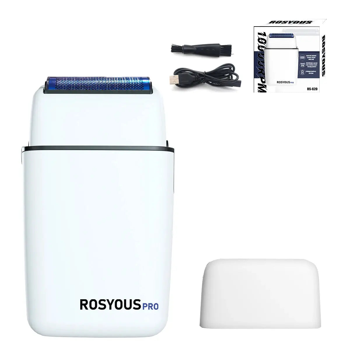 ROSYOUS RS620 men's electric shaver with blue double-foil head, includes USB charging cable and cleaning brush