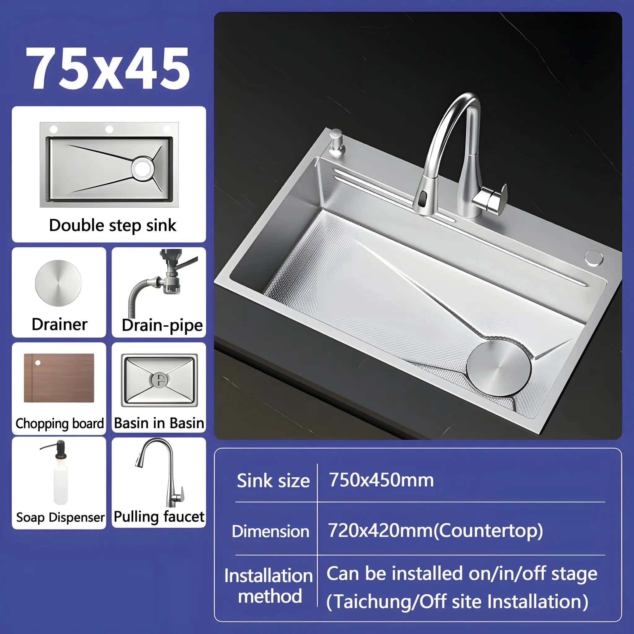 Kitchen sink 304 stainless steel from Simples Market, silver finish with large single-slot and integrated draining board