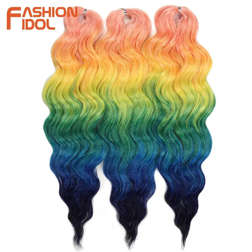 Anna 24in synthetic water-wave braiding hair extensions, ombre rainbow three bundles, Simples Market