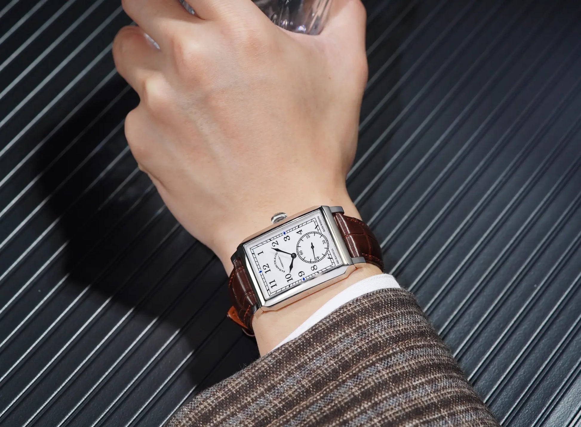 FARASUTE square mechanical wristwatch for men, white dial, sapphire glass, brown leather strap