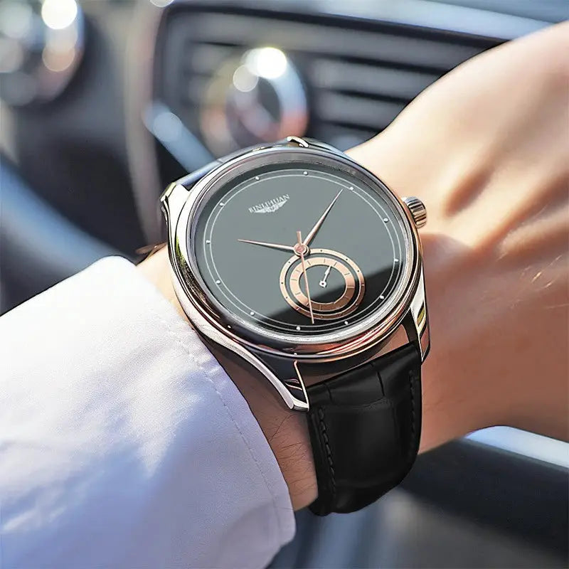 Mens Black Leather Quartz Analog Watch With Numberless Dial For Business Casual Everyday Use