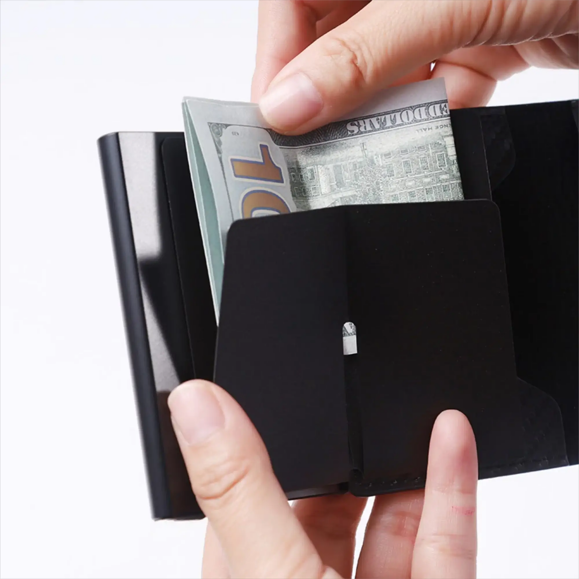 Anti-theft RFID card holder wallet by Simples Market, black PU leather, slim minimalist design.