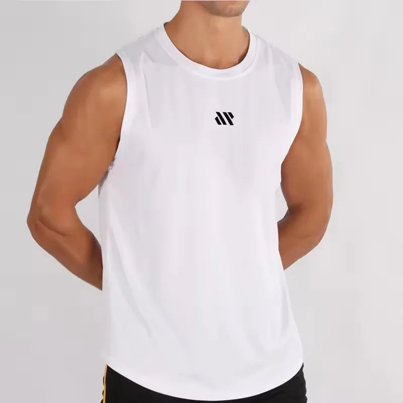 Men's bodybuilding sleeveless vest by Simples Market; white mesh gym tank top with small chest logo