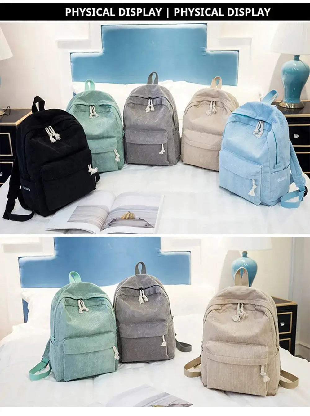 Personalized Corduroy Student Backpack 5-pack by Simples Market in black, mint green, gray, beige, and light blue