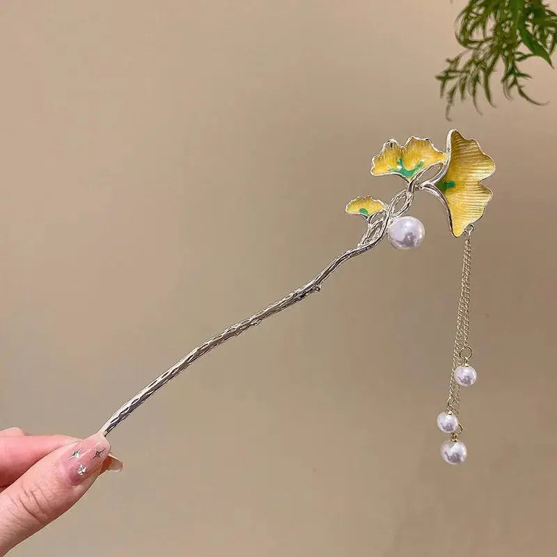 Elegant Chinese Style Romantic Enameled Flower Tassel Hair Clip Alloy Jewelry Hairpin For Women Fashion Accessory