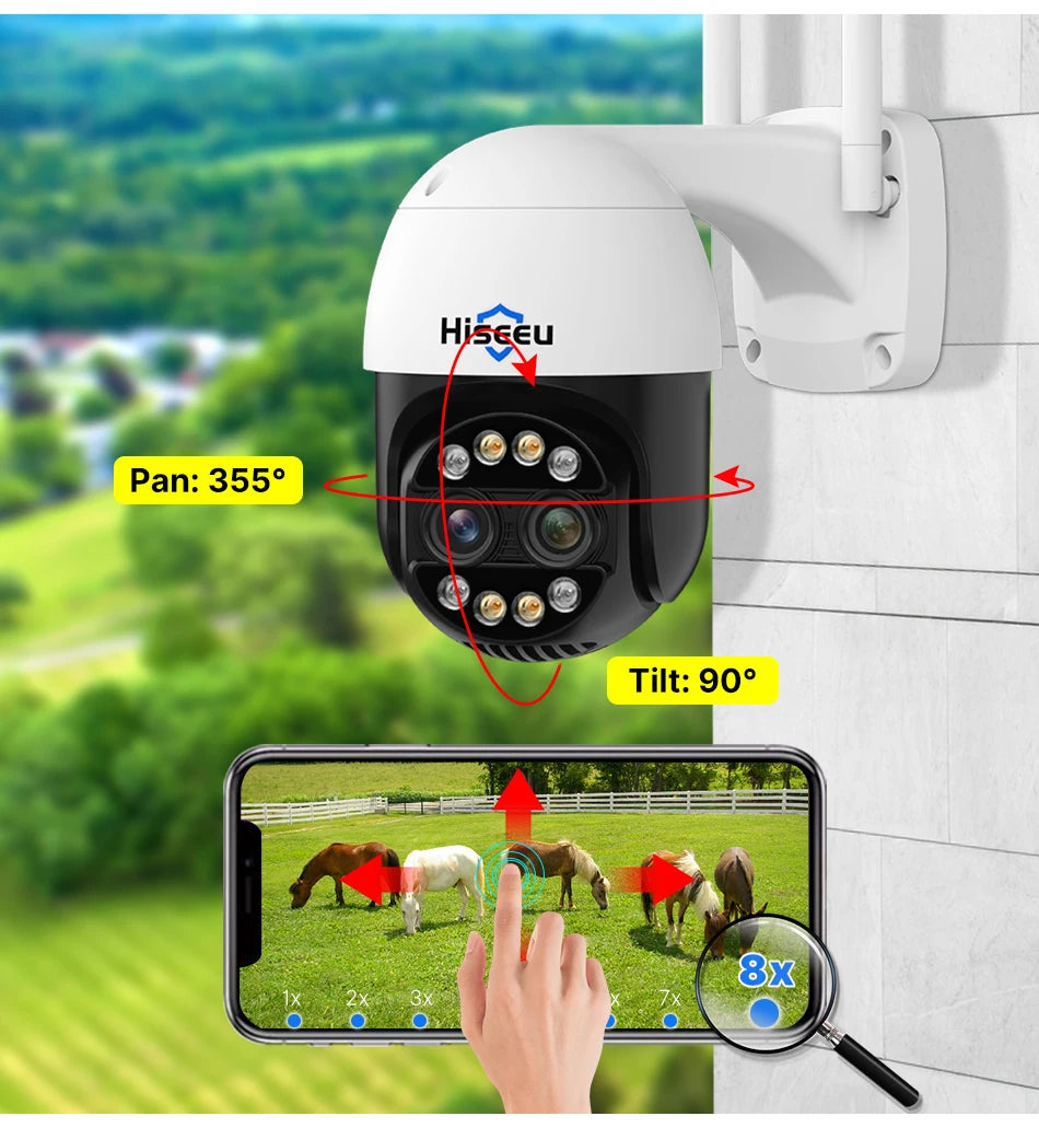 Hiseeu outdoor PTZ security camera; white dome, 355° pan, 90° tilt, 8x zoom.