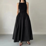 EleganceLane Black Round Neck Sleeveless Long Dress For Women High Waist Flattering Silhouette And Effortless Comfort