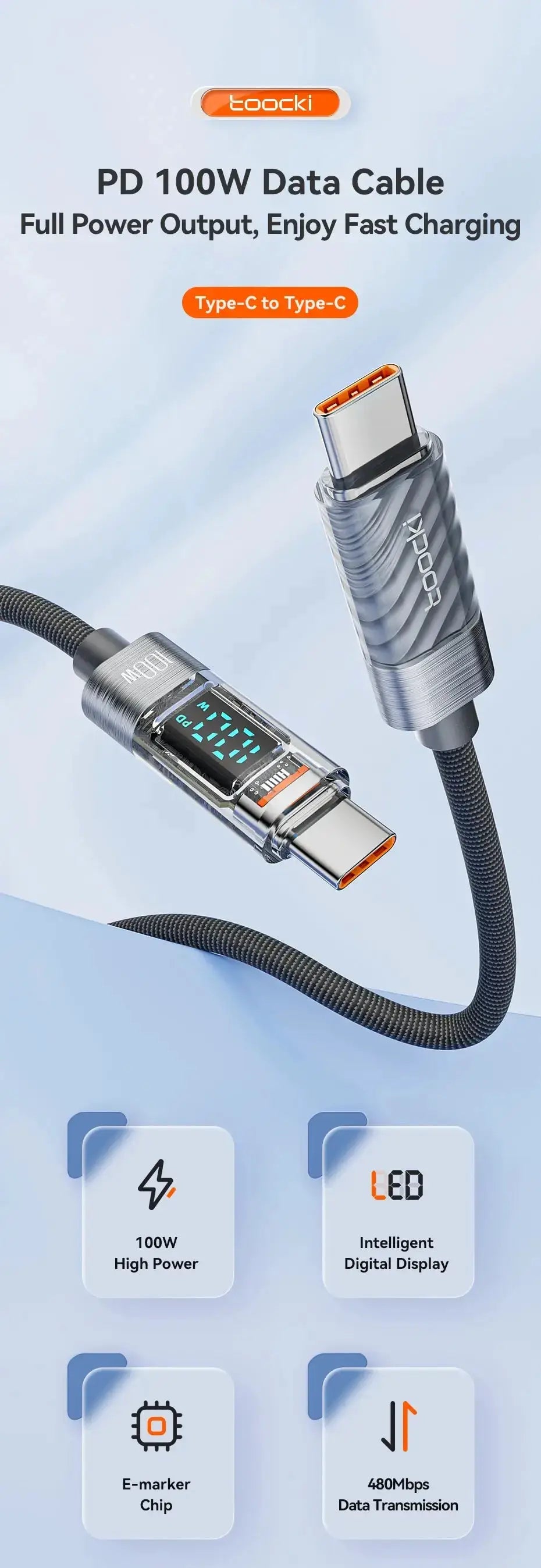 Toocki USB-C to USB-C 100W PD data cable, transparent with orange inner connector