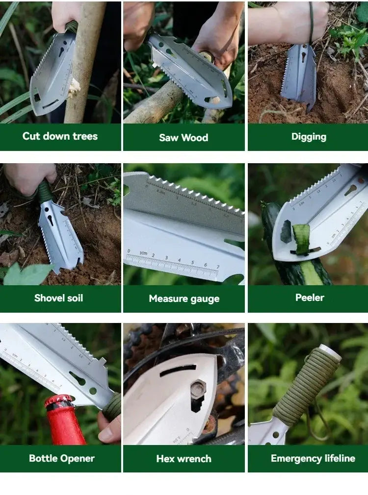 Simples Market 2026 portable stainless steel multi-function sappers shovel; 9-in-1 hand-held tool for digging and measuring.
