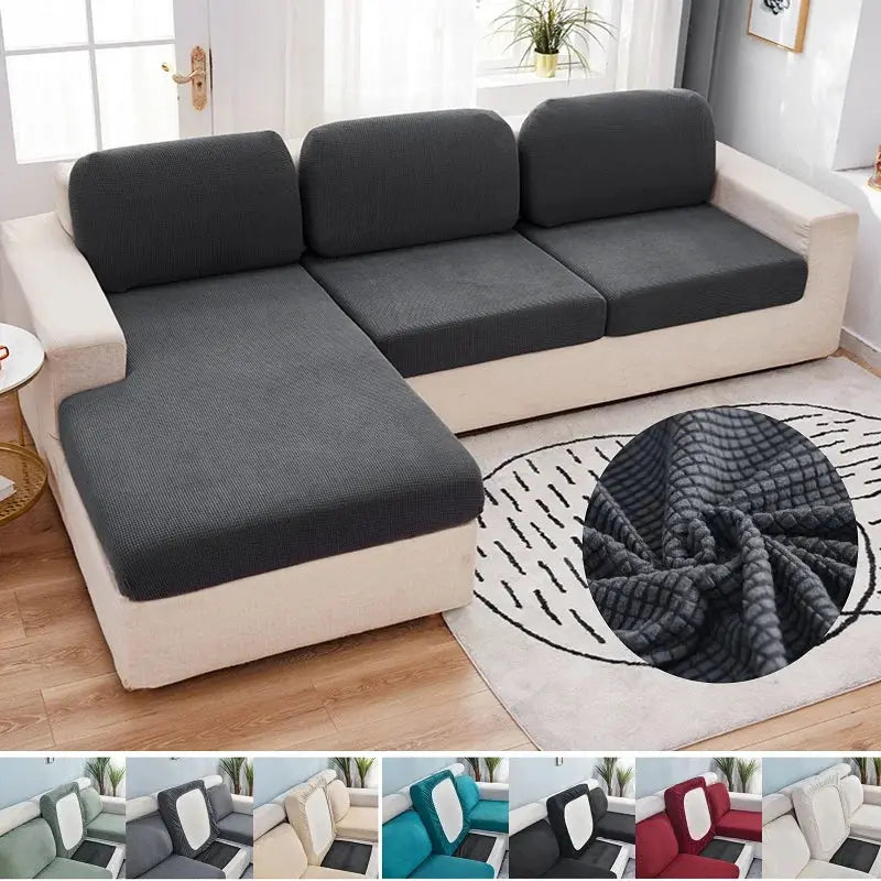 Polar fleece sofa seat cushion covers; elastic fit in charcoal gray on beige sectional with close-up fleece texture