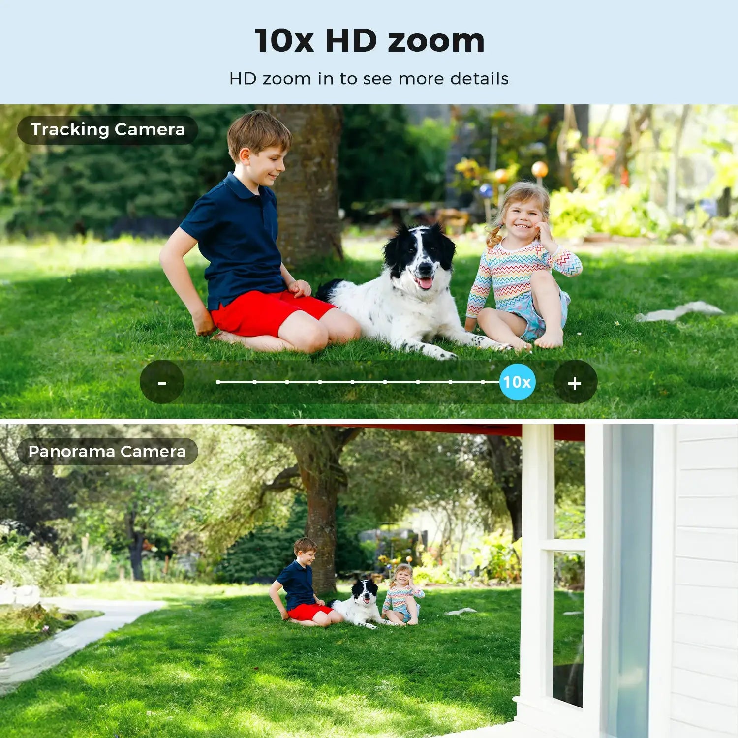 BESDER 15MP WiFi outdoor security camera with 10x HD zoom; kids and dog on lawn in backyard