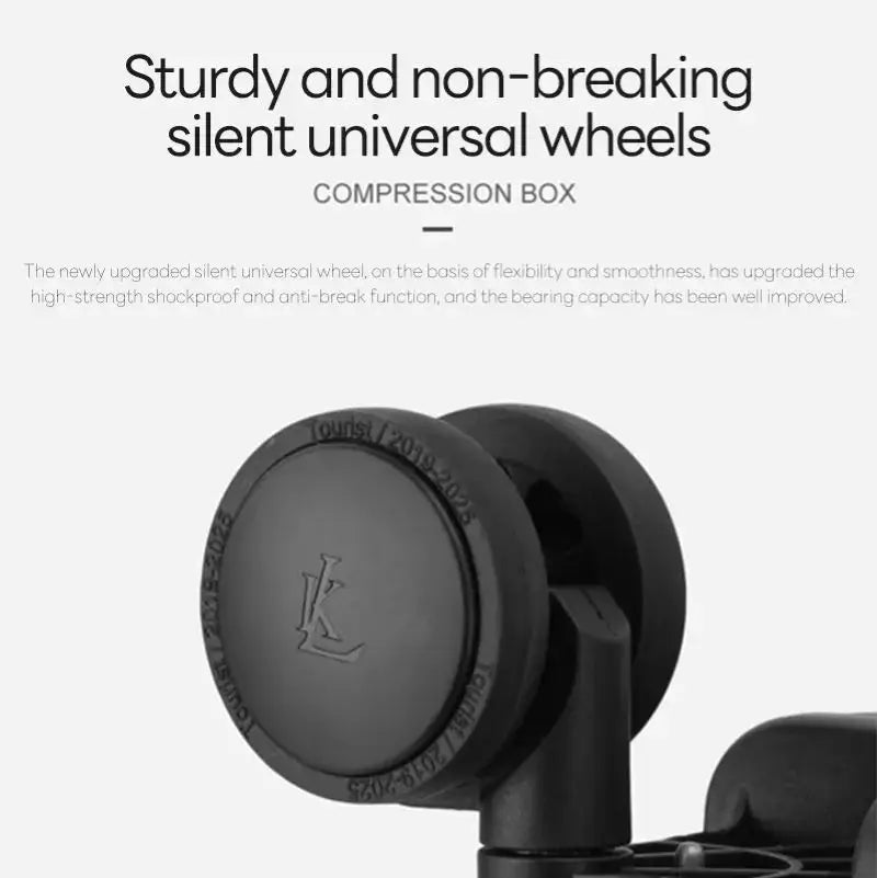Travel suitcase by Simples Market; aluminum–magnesium alloy body with silent universal wheel close-up.