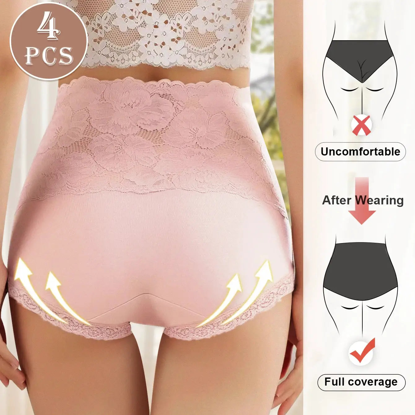 4pcs high-waisted panties set in pink lace with jacquard pattern, Simples Market cotton, skin-friendly