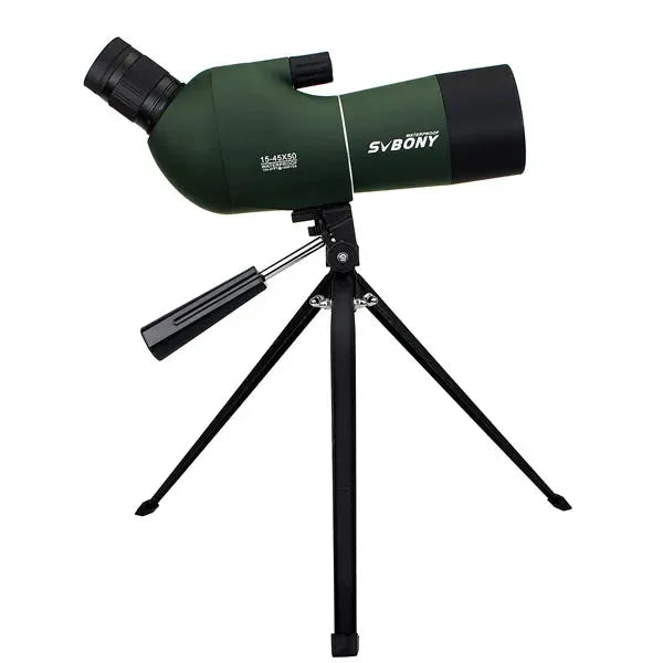 SVBONY SV28 spotting scope on a tripod, green body with black eyepiece