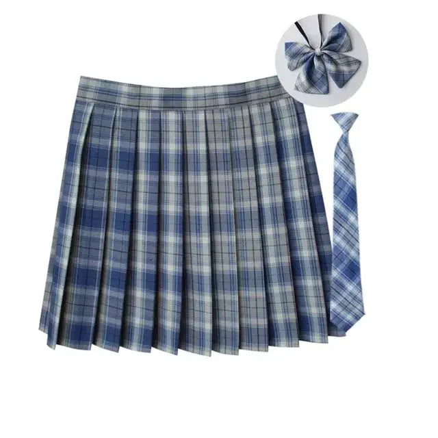 Women's blue plaid pleated mini skirt with necktie bow, JK uniform style - Simples Market