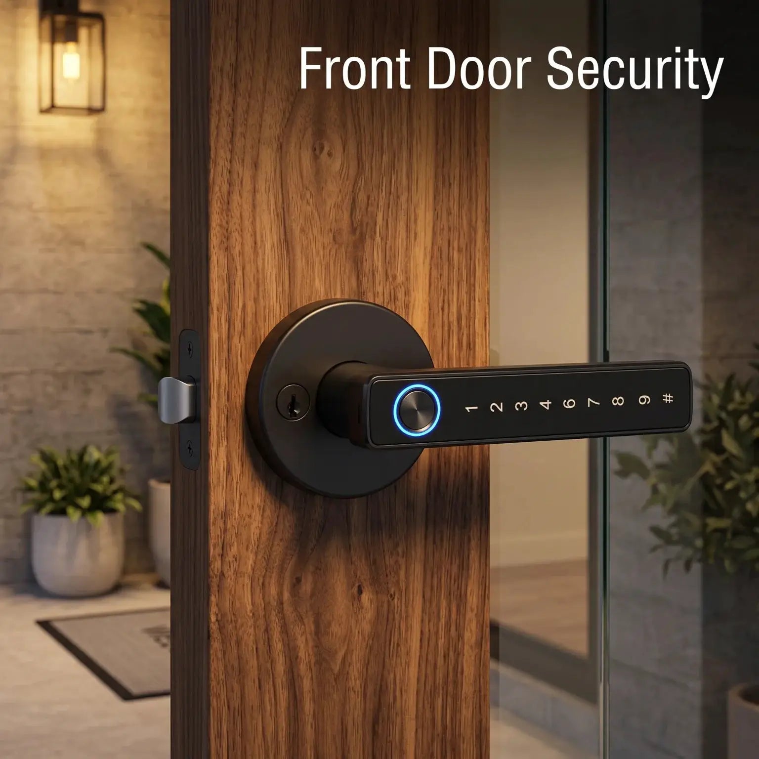 Tuya Bluetooth smart door lock lever with keypad and blue LED ring on wooden door