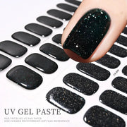 Simples Market UV gel nail patch decals in black with glitter; full-cover nail stickers for long-lasting manicure.