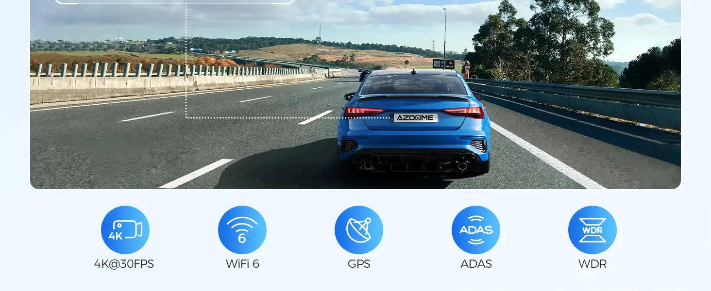 AZDOME GS63H 4K dash cam with built-in GPS, WiFi, ADAS and WDR; blue car on highway