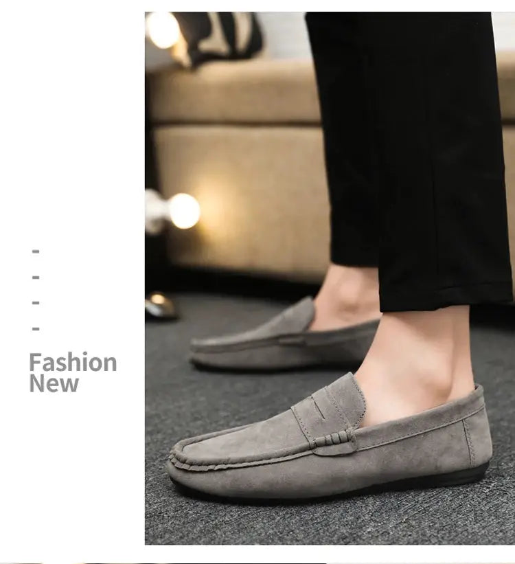 Casual men's driving loafers in grey suede, slip-on fit, versatile work shoes