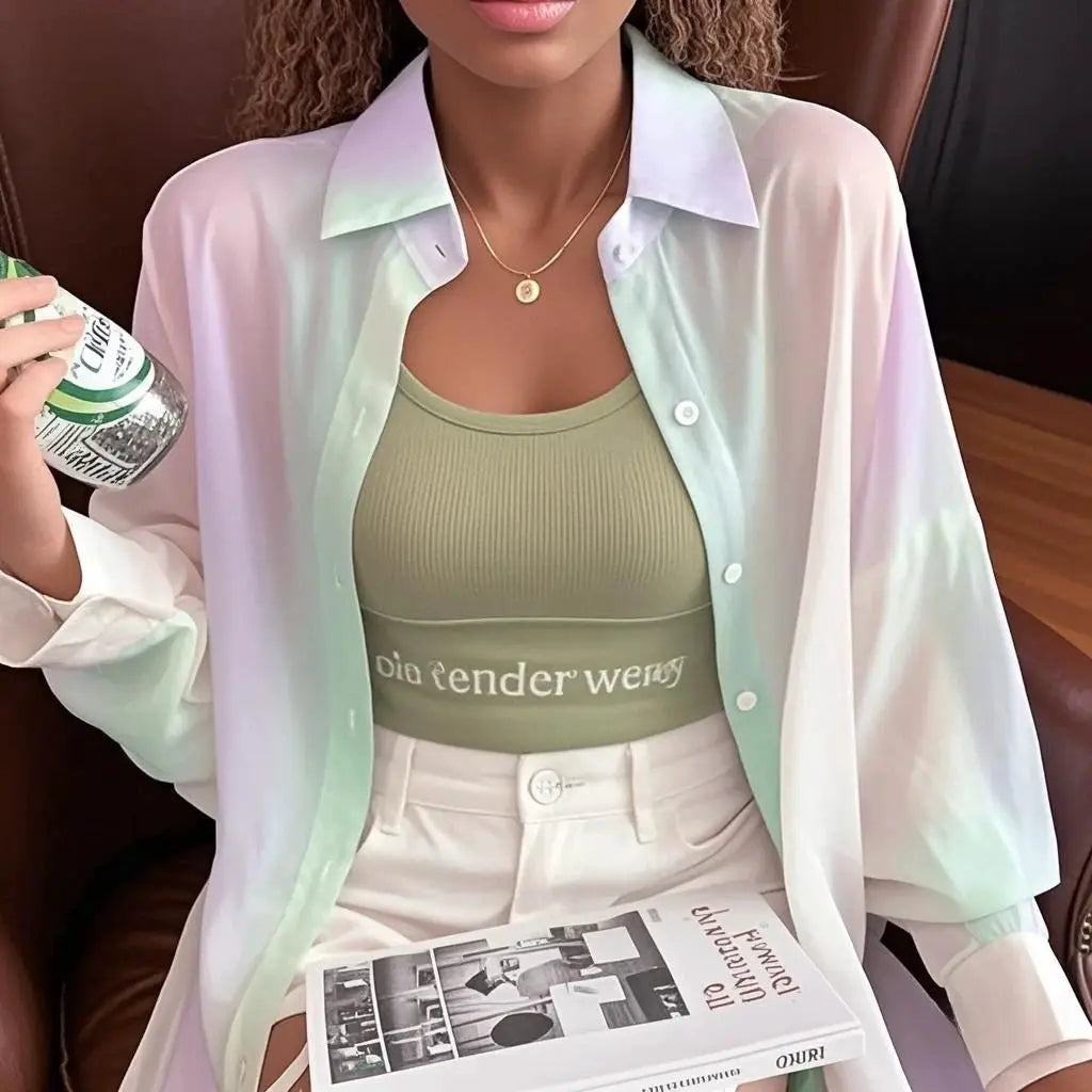 Simples Market see-through gradient rainbow long-sleeve shirt for women, light pastel colors, loose fit