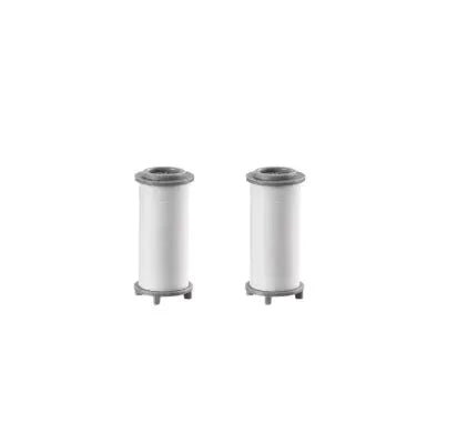 Shower filter cartridges by Simples Market, two white cylindrical units with gray ends for hotel bathrooms.