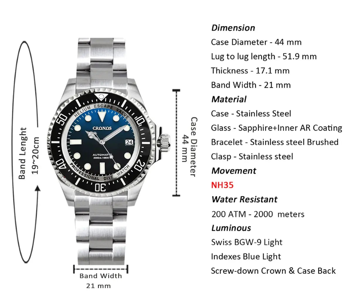 Cronos automatic diving watch with stainless steel bracelet, blue dial, 2000m water resistance