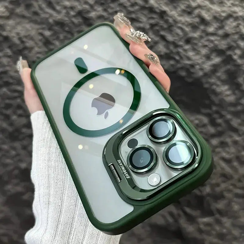 Luxury magnetic shockproof phone case with green bumper and clear back for iPhone MagSafe