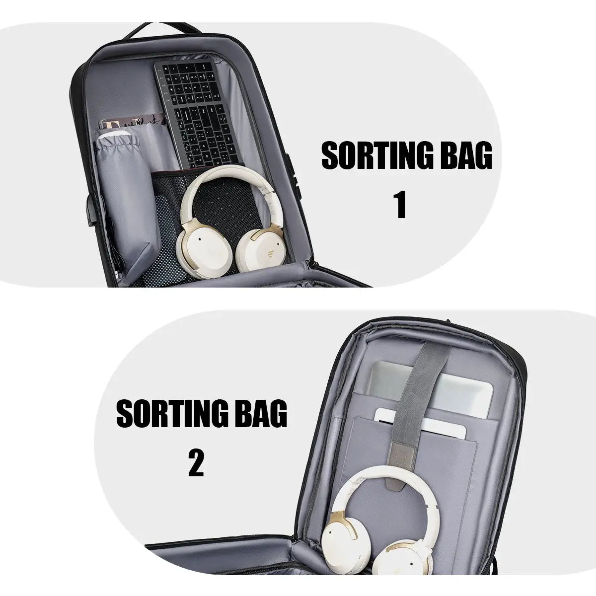 Backpack by Simples Market hard-shell gray; expandable computer bag with laptop sleeve and headphone pockets