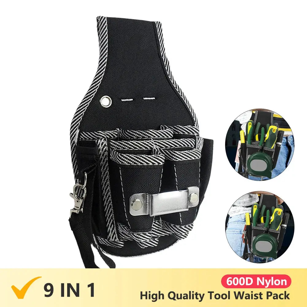 9-in-1 tool waist belt in black 600D nylon with multiple pockets and metal buckle