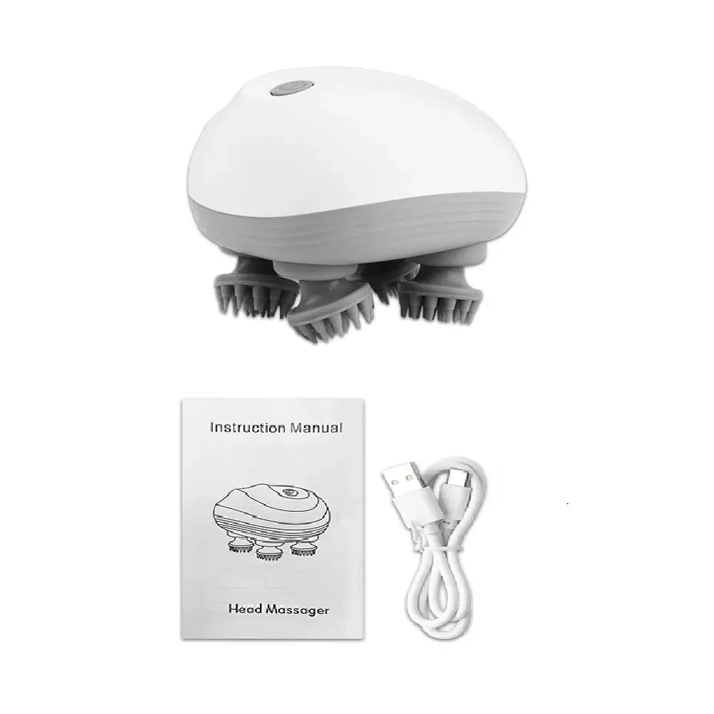 Electric head massager by Simples Market with 4 kneading heads, white body, includes manual and USB cable