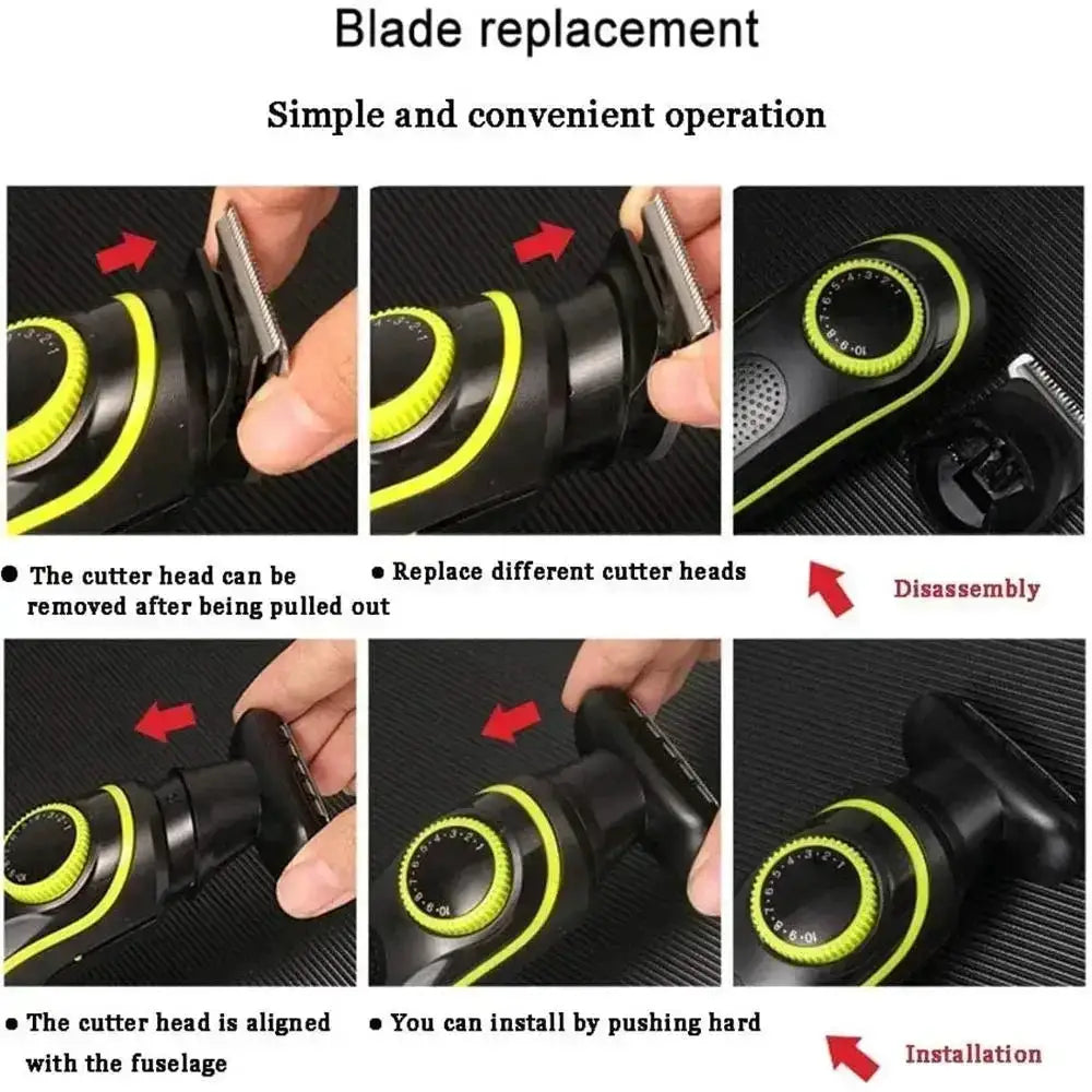 KM-696 hair clipper blade replacement guide; black and lime-green trimmer shown disassembling and reassembling blades.