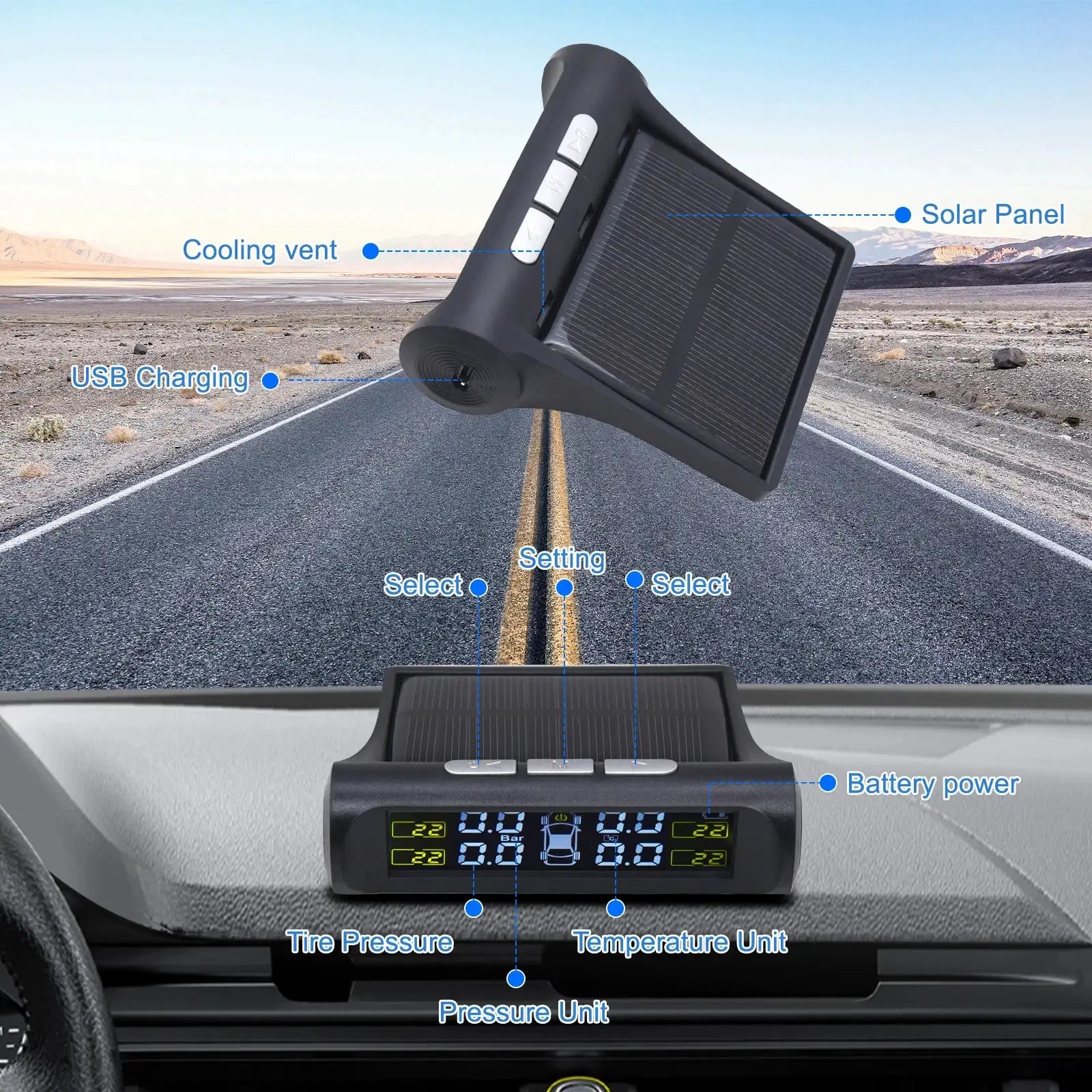 Simples Market TPMS Solar Tire Pressure Monitoring System with 4-wheel internal and external sensors and solar panel