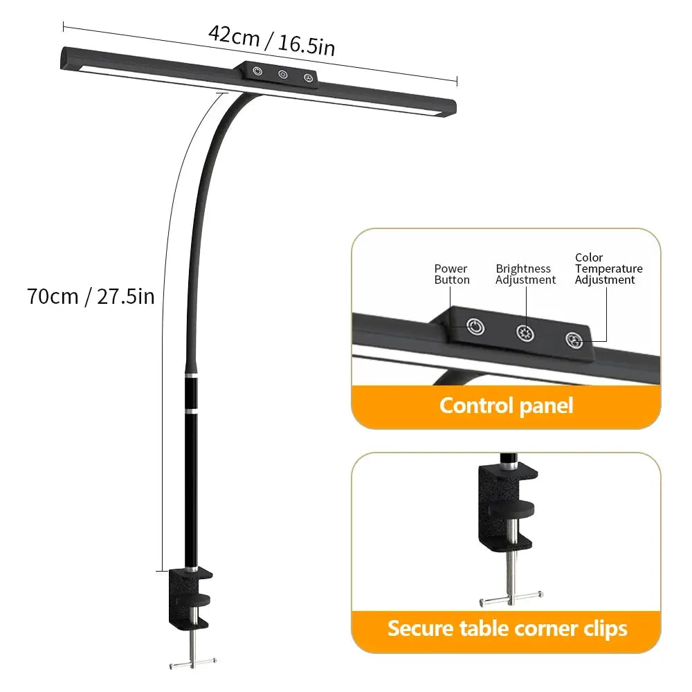 Eye-care LED Clip Metal Desk Lamp by Simples Market; 3 colors, 10 brightness levels, adjustable head, desk clamp.