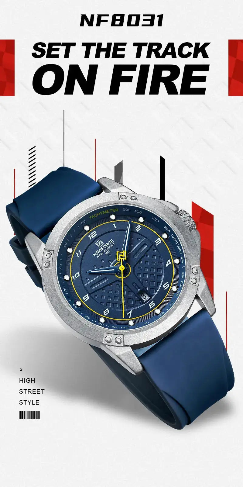 Naviforce men's wristwatch with blue silicone strap, blue dial, stainless-steel case, and yellow accents; water resistant