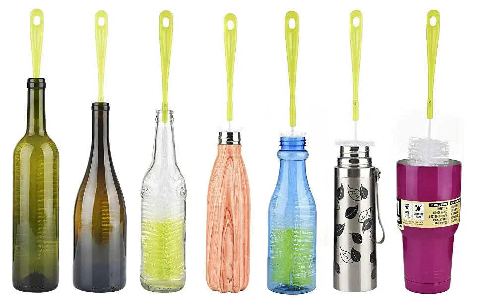 16-inch bottle brush cleaner with lime-green handle; seven assorted bottles shown.
