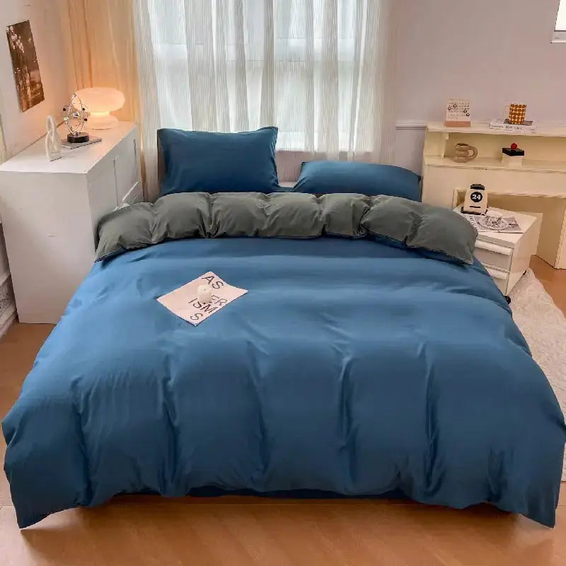 Duvet cover bedding set, blue, 2-side solid color brush fabric, 4 pieces