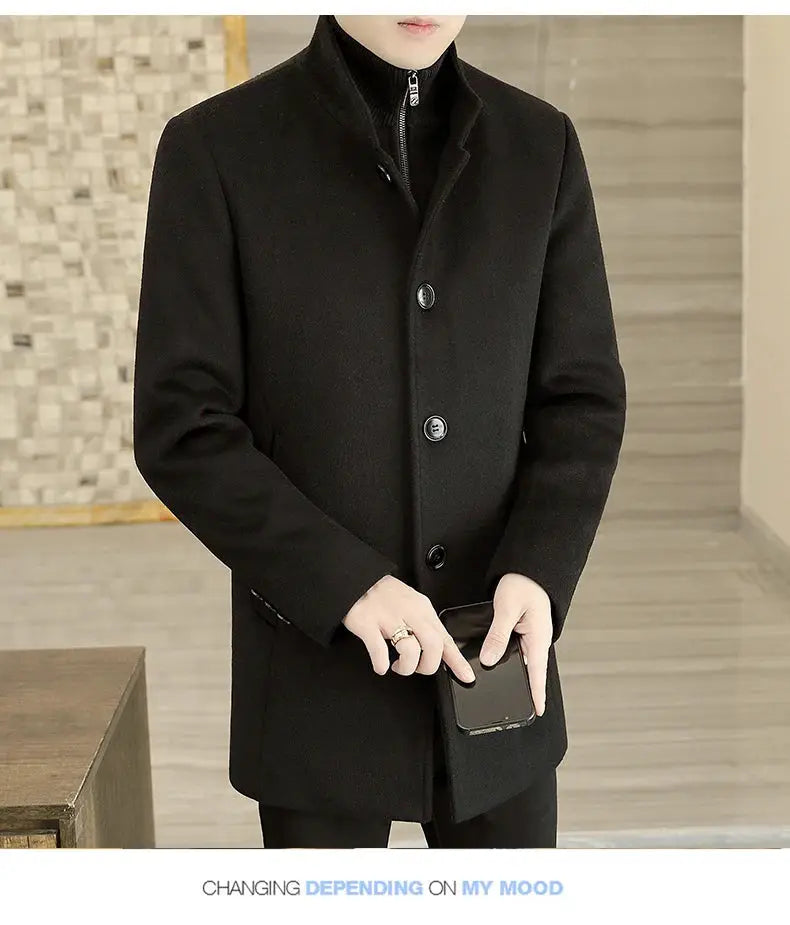 Men's long black wool coat by Simples Market with button front and removable thickened down inner liner