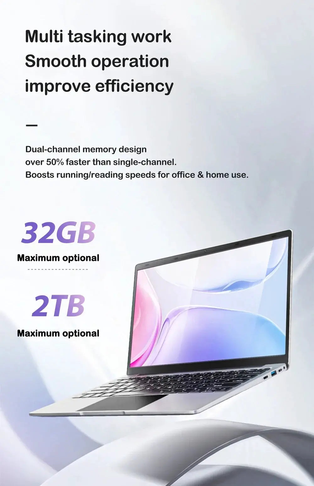 Laptop, 14.1-inch silver body, 32GB RAM and 2TB storage