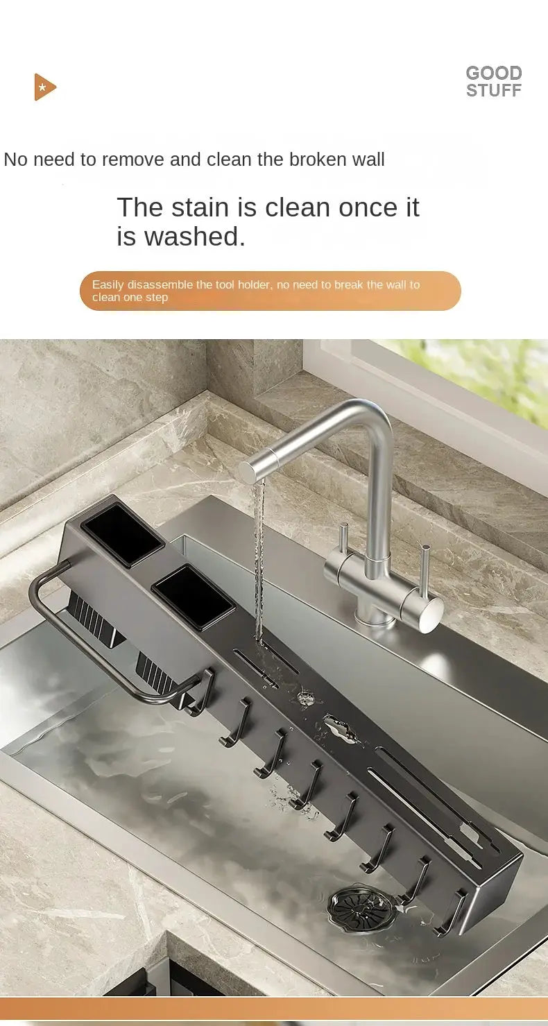 Tool-free stainless steel kitchen shelf with wall-mounted hooks for knives and utensils