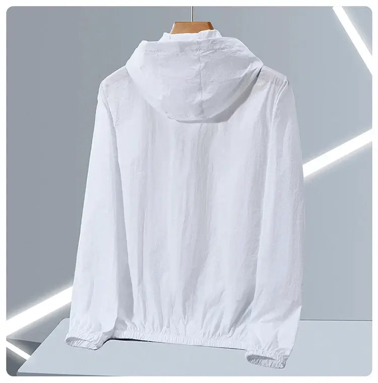 Summer Thin Ice Silk Sun Protection Jacket for Men, white hooded lightweight breathable UV-protective outerwear