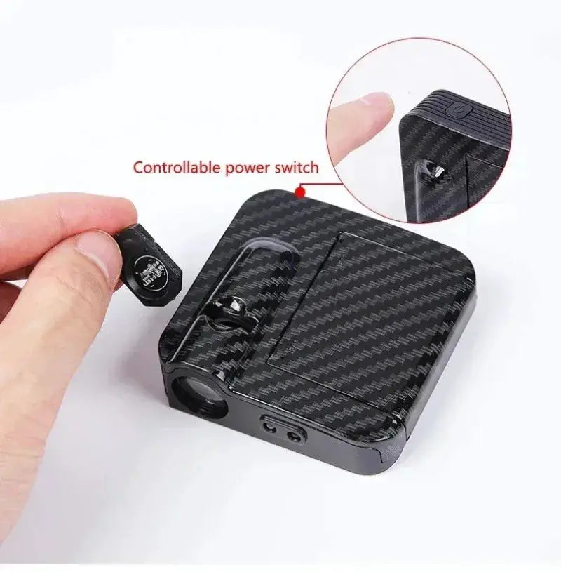 Wireless HD Laser Car Door Projector with carbon-fiber body; battery-powered LED welcome light