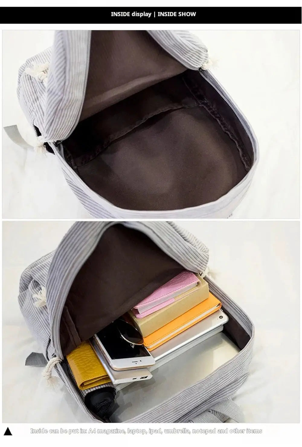 Personalized corduroy student backpack with gray striped exterior and anti-theft design; notebooks and phone inside.