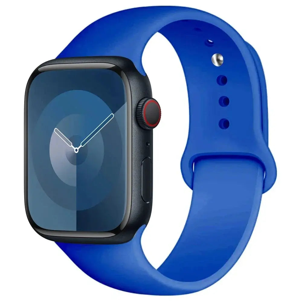 Apple Watch silicone band in blue; sport strap compatible with 38–49mm Apple Watch sizes (Series 3–9 Ultra 2)