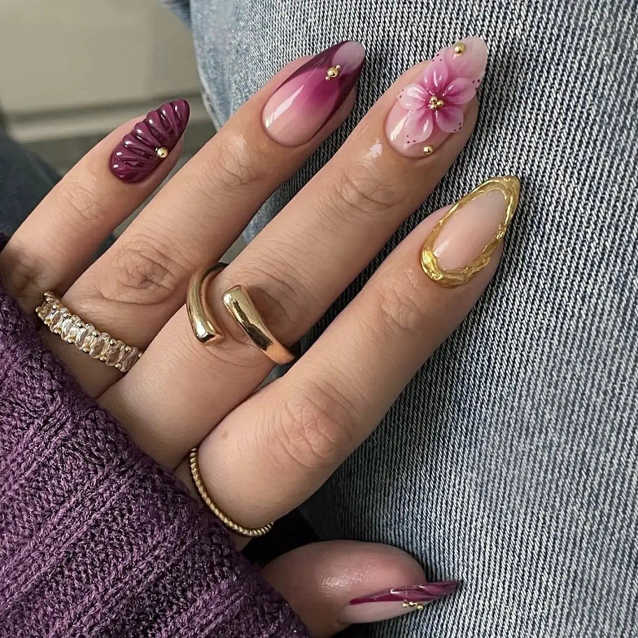 GlamNail Pink Almond Press On Nails Full Coverage Carved Flower 3D Ripple French Tips Golden Pearl Finish