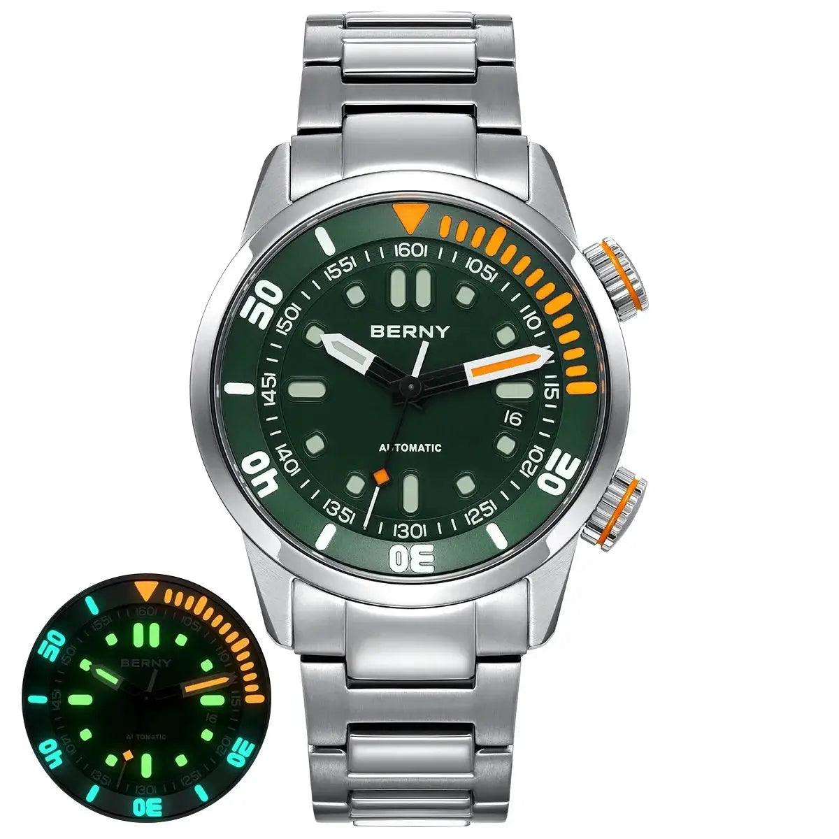 BERNY automatic dive watch for men with green dial, stainless steel bracelet, luminous hands, 20ATM