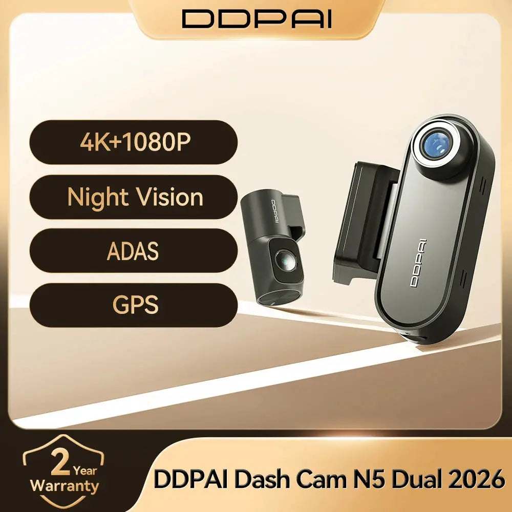 DDPAI N5 Dual 4K Dash Cam with front and rear cameras (2 cameras), GPS, ADAS, night vision, black.